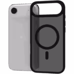 The Āsenaru Matte Hybrid MagSafe Case, featuring matte black TPU bumpers and a translucent gray back, designed for durability and full device protection, compatible with MagSafe accessories.