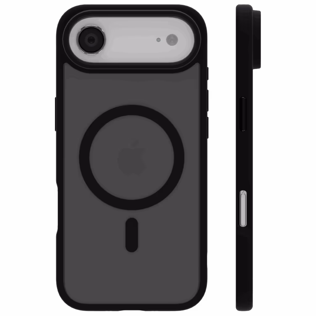 The Āsenaru Matte Hybrid MagSafe Case, featuring matte black TPU bumpers and a translucent gray back, designed for durability and full device protection, compatible with MagSafe accessories.