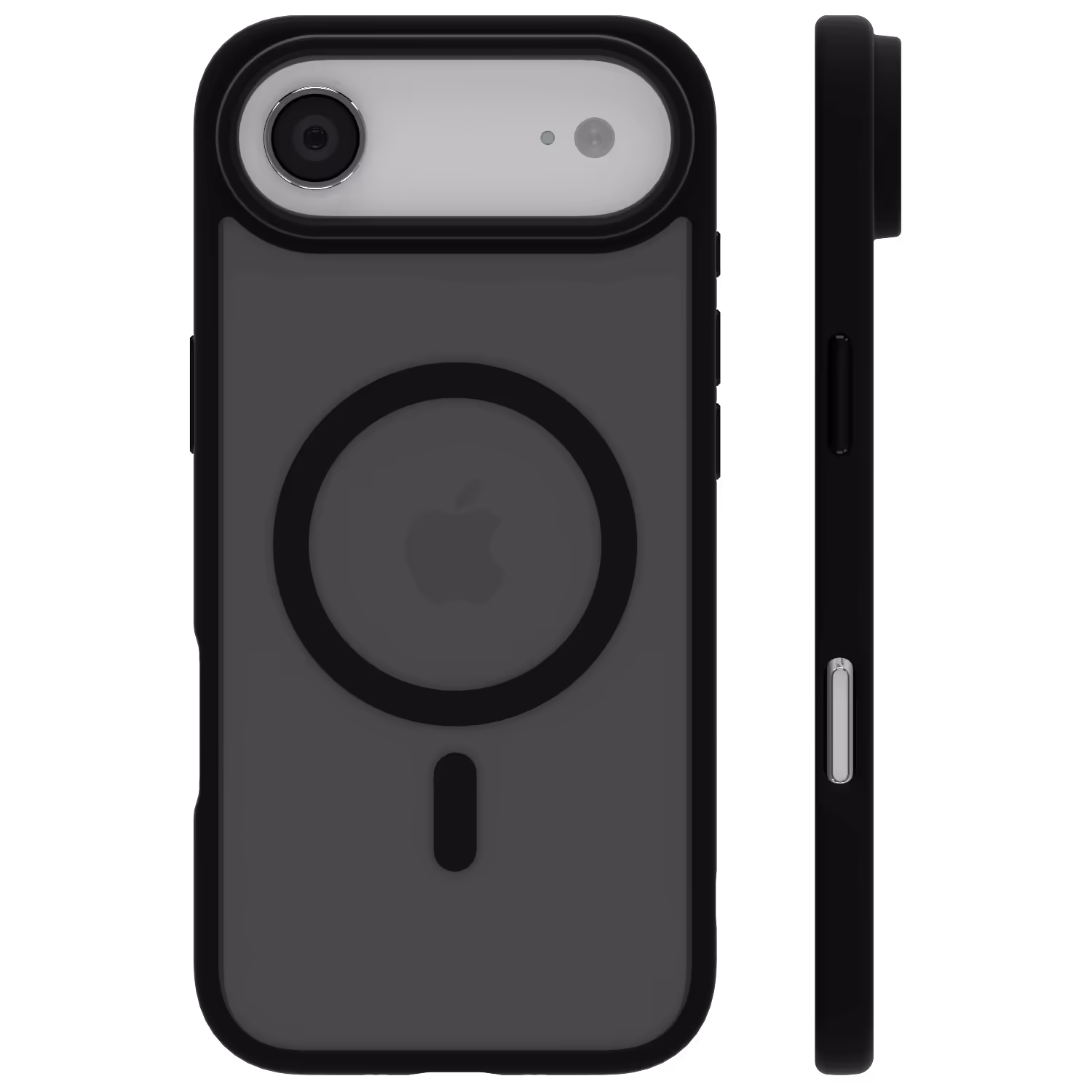 Casing Āsenaru Matte Hybrid MagSafe, dilengkapi dengan bantalan TPU hitam matte dan bagian belakang transparan abu-abu, dirancang untuk ketahanan dan perlindungan penuh perangkat, kompatibel dengan aksesori MagSafe.