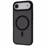 The Āsenaru Matte Hybrid MagSafe Case, featuring matte black TPU bumpers and a translucent gray back, designed for durability and full device protection, compatible with MagSafe accessories.