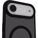 The Āsenaru Matte Hybrid MagSafe Case, featuring matte black TPU bumpers and a translucent gray back, designed for durability and full device protection, compatible with MagSafe accessories.