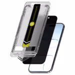 Āsenaru DustShield Tempered Glass, pelindung layar full-coverage 0,4mm untuk iPhone, memiliki kekerasan 9H dan lapisan jaring baja untuk perlindungan debu dan goresan yang lebih baik, serta kit pemasangan untuk aplikasi yang mudah.