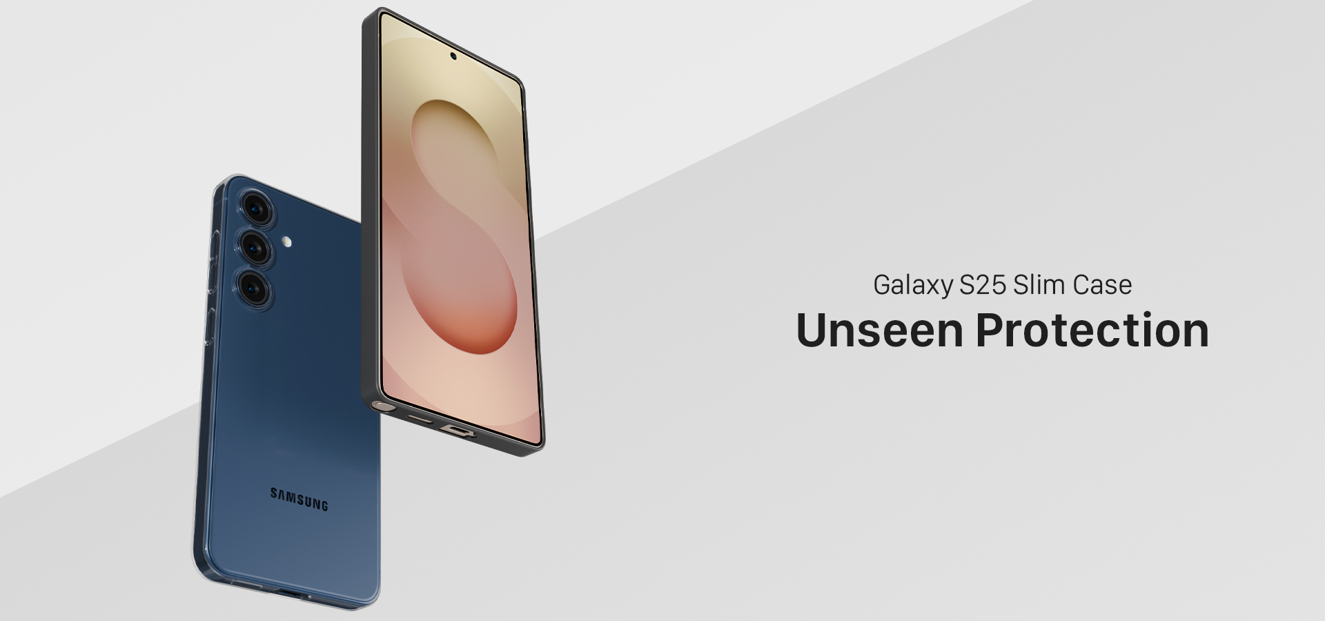 The Āsenaru Signature Super Slim Case, an ultra-thin 0.35mm Galaxy S25 case available in multiple colors, designed to provide sleek, minimalist protection with raised edges around the screen and camera.