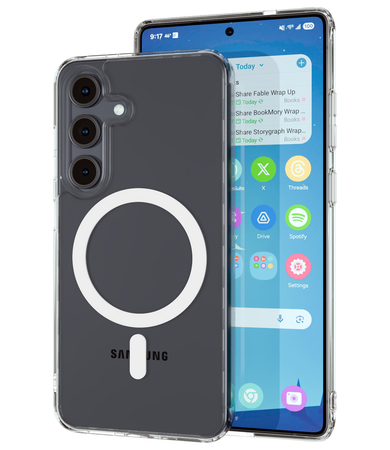 The Āsenaru Lite Hybrid Magsafe Case, a slim 1.3mm Galaxy S25 case with transparent TPU bumpers and a rigid polycarbonate back, showcasing full protection and MagSafe compatibility.