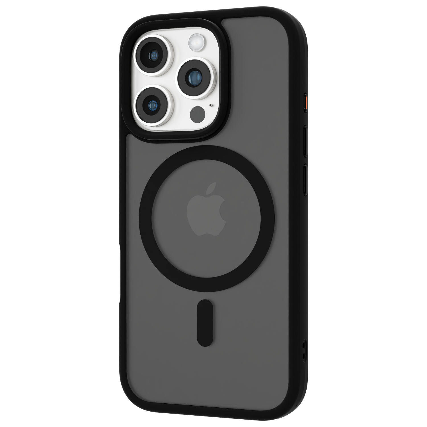 The Āsenaru Matte Hybrid MagSafe Case, featuring matte black TPU bumpers and a translucent gray back, designed for durability and full device protection, compatible with MagSafe accessories.